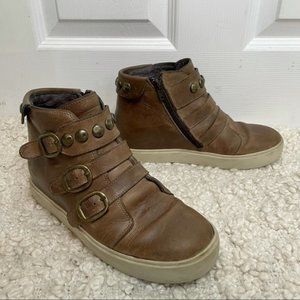 Fly London Brown Leather Studded High Top Multi Strap Sneakers 6.57
